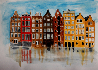 Plakát Amsterdam domy v kanálu A3